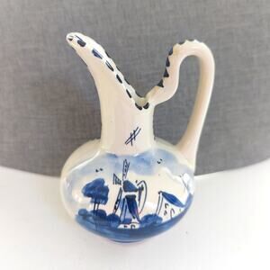 Vintage Small Delft Blue Porcelain Hand Painted Windmill Holland Pitcher Vase